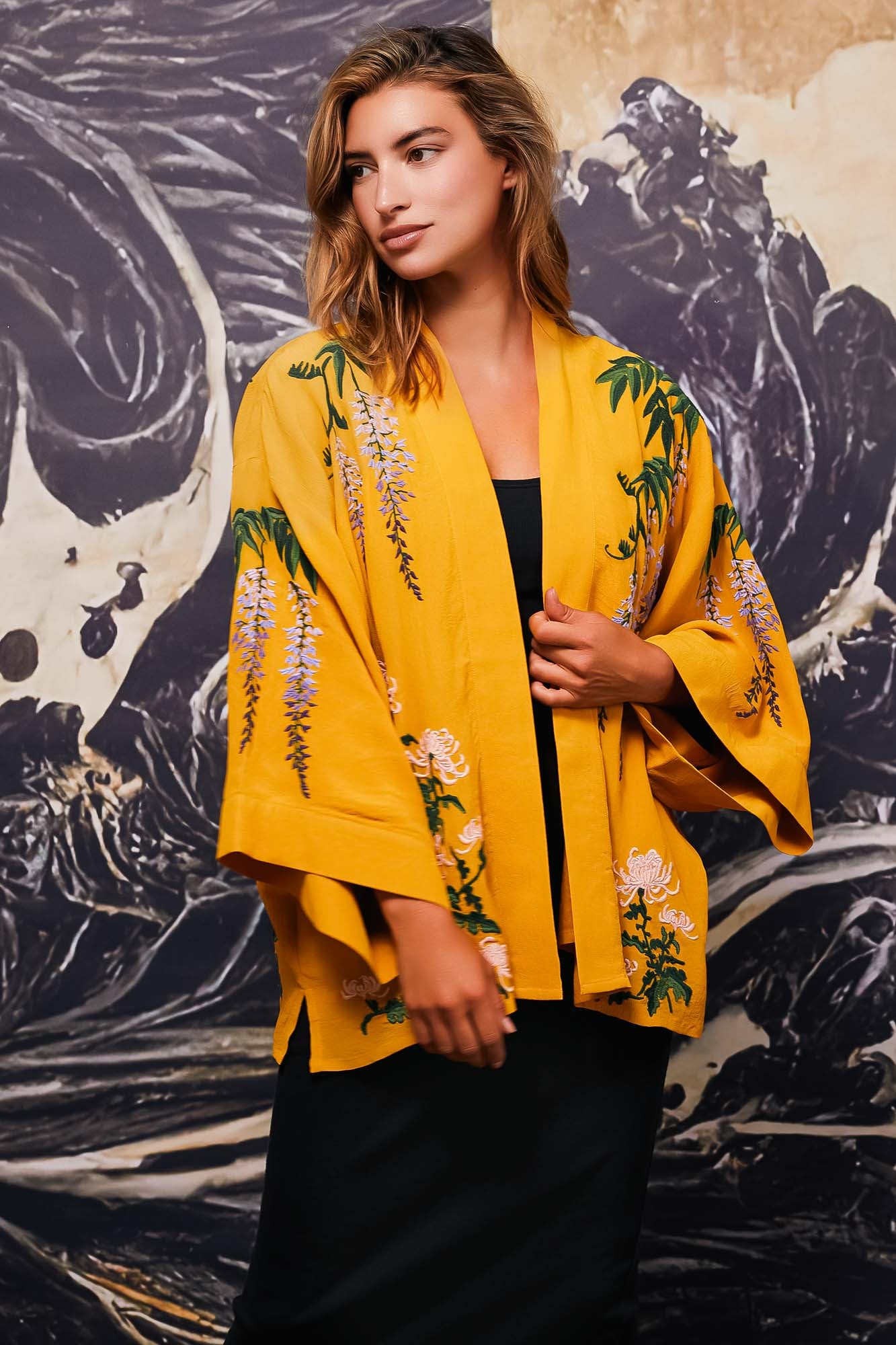 Wisteria & Chrysanthemum Embroidered Mustard Fully Lined Short Kimono