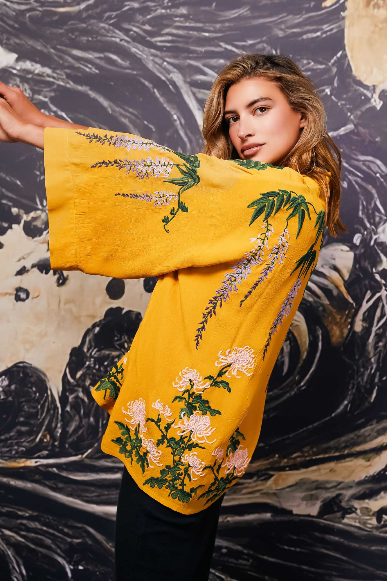 Wisteria & Chrysanthemum Embroidered Mustard Fully Lined Short Kimono