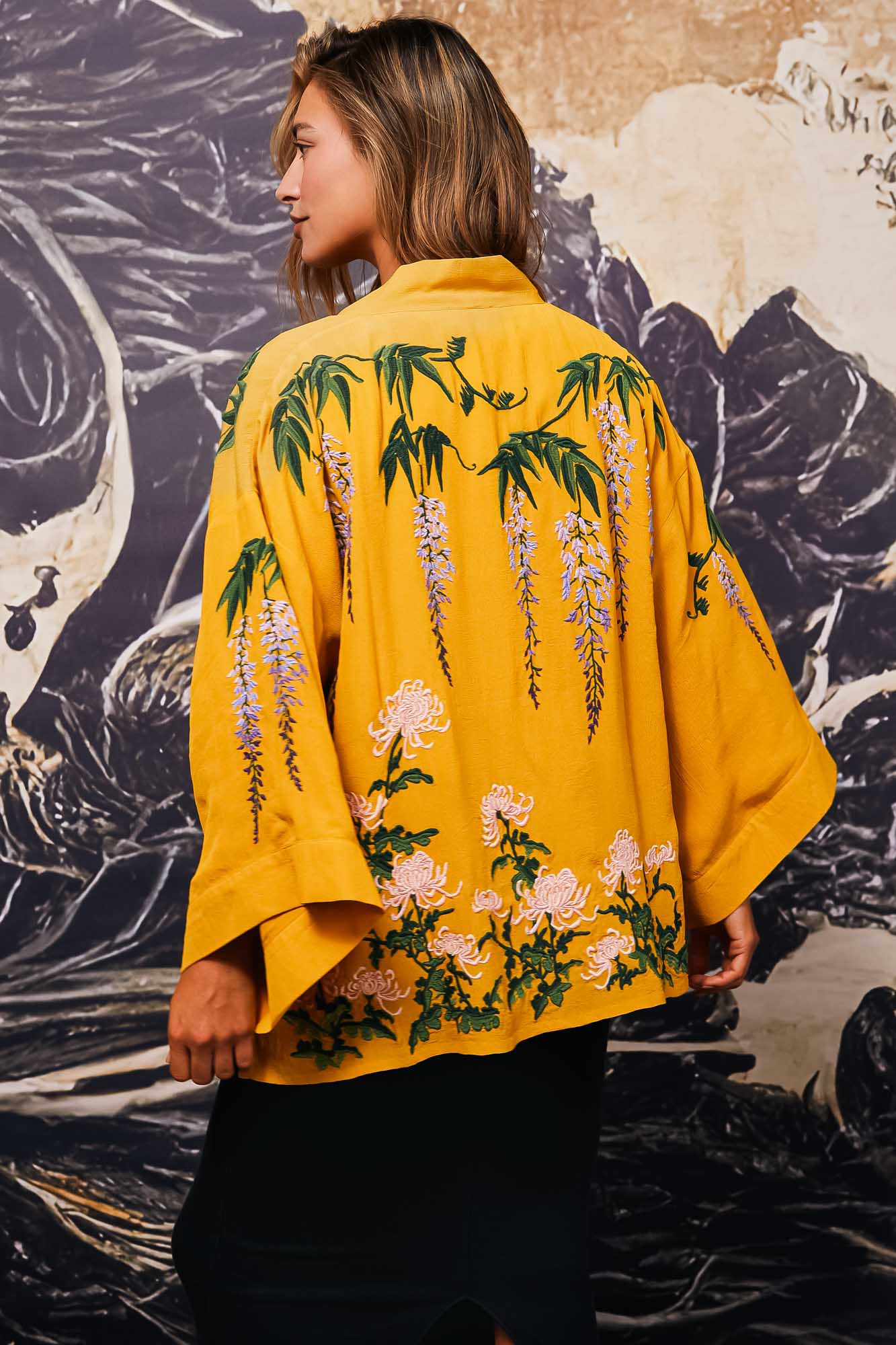 Wisteria & Chrysanthemum Embroidered Mustard Fully Lined Short Kimono