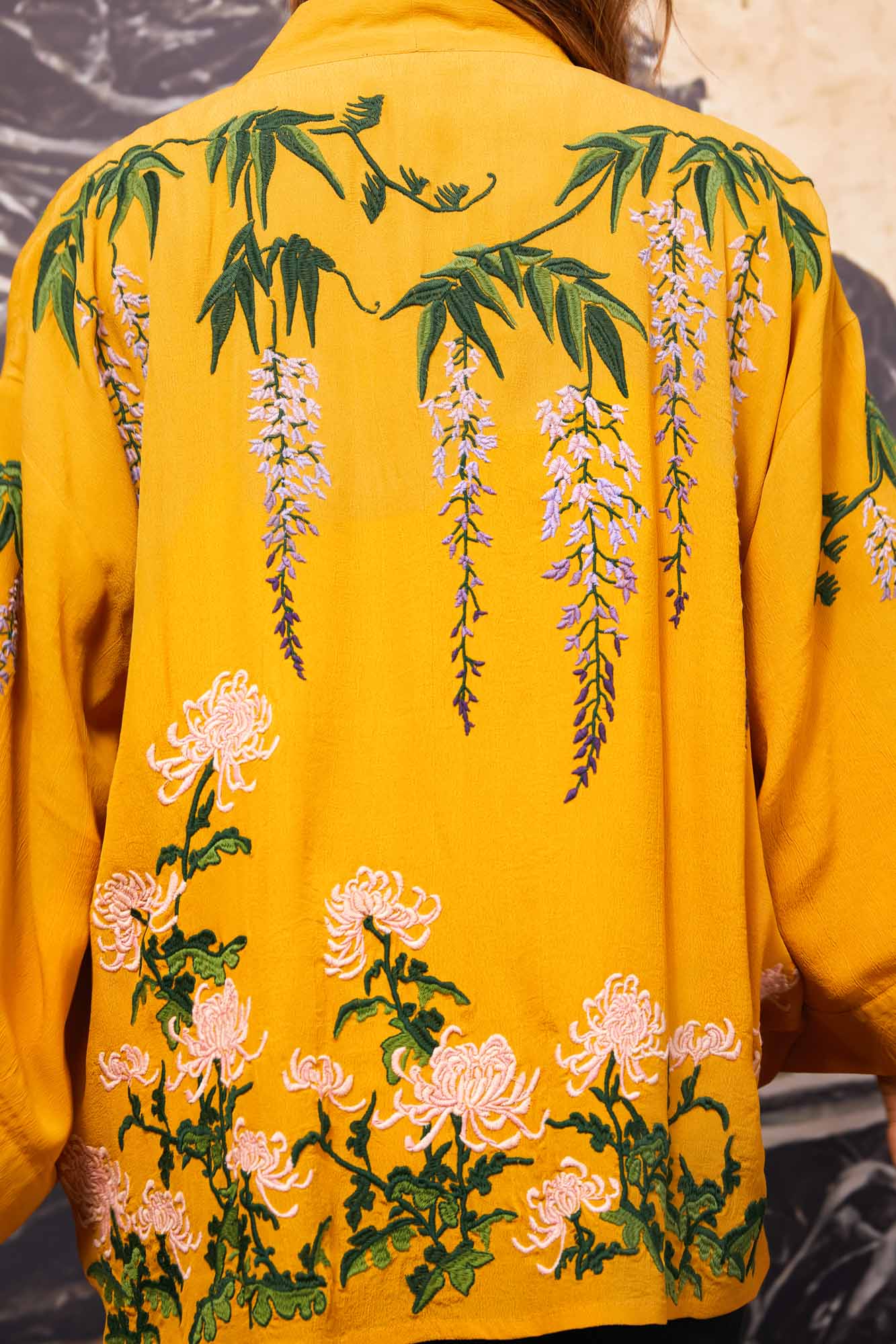 Wisteria & Chrysanthemum Embroidered Mustard Fully Lined Short Kimono