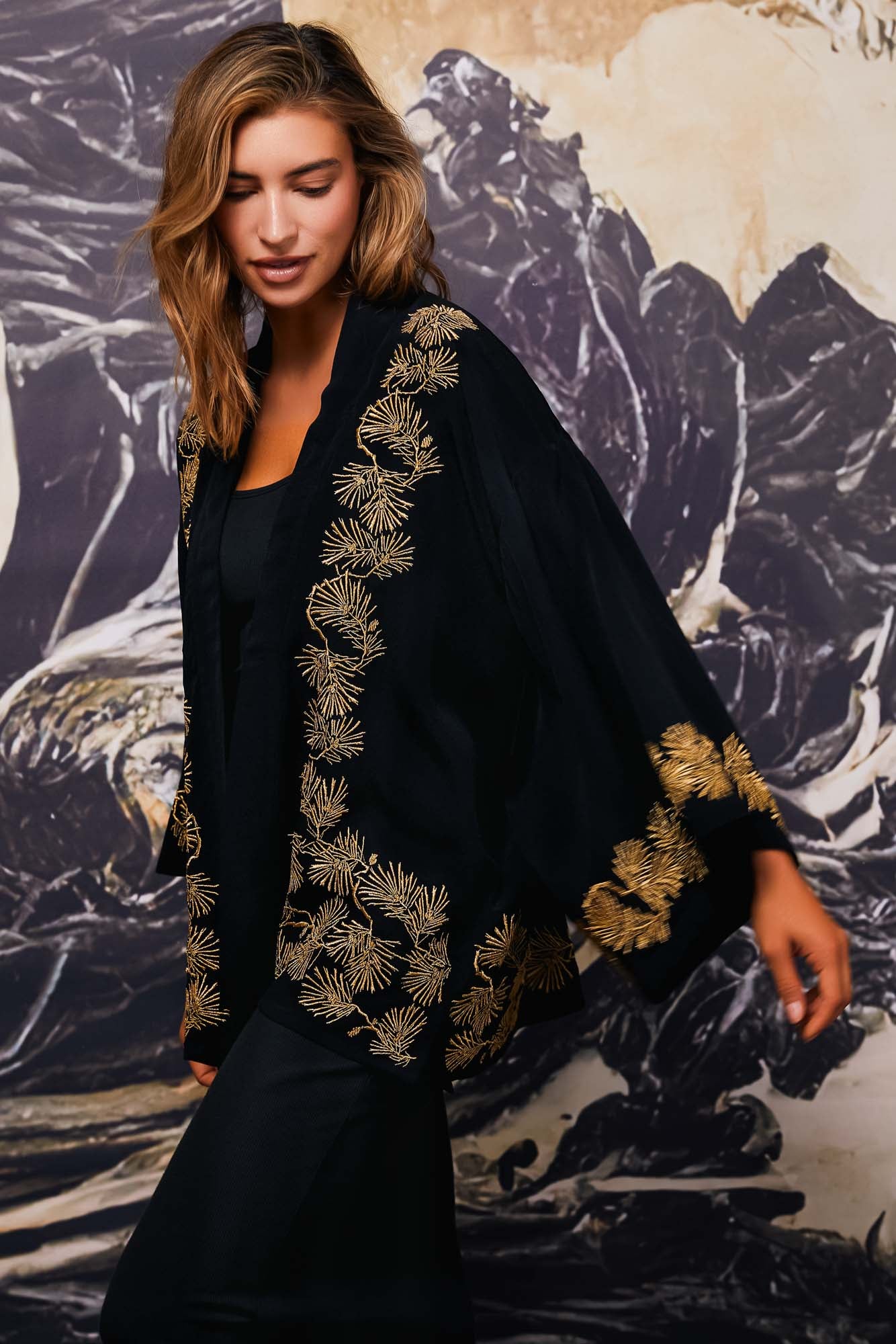 Japanese Pine Needle Embroidered Black and Gold Fully Lined Short Kimono