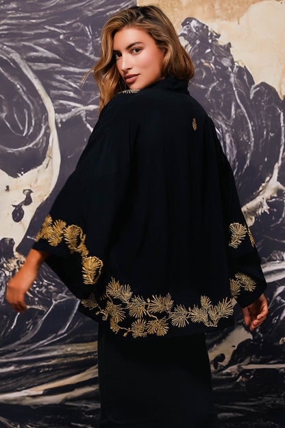 Japanese Pine Needle Embroidered Black and Gold Fully Lined Short Kimono