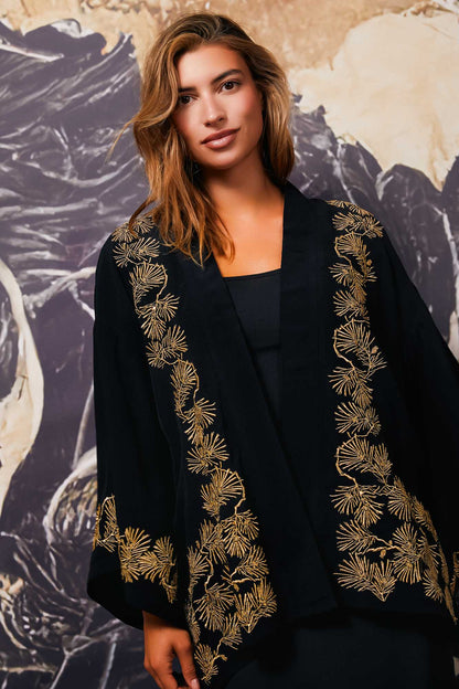 Japanese Pine Needle Embroidered Black and Gold Fully Lined Short Kimono