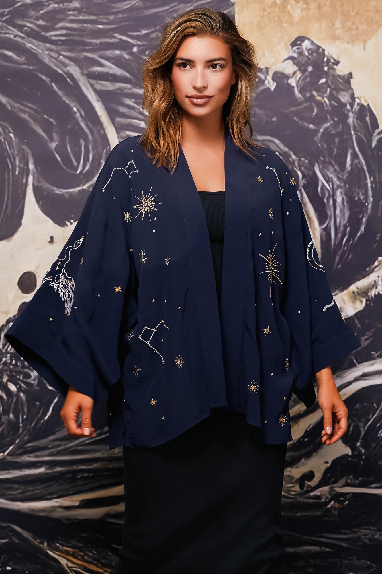 Cosmos Embroidered Navy Ivory and Gold Fully Lined Short Kimono Artemis Muse