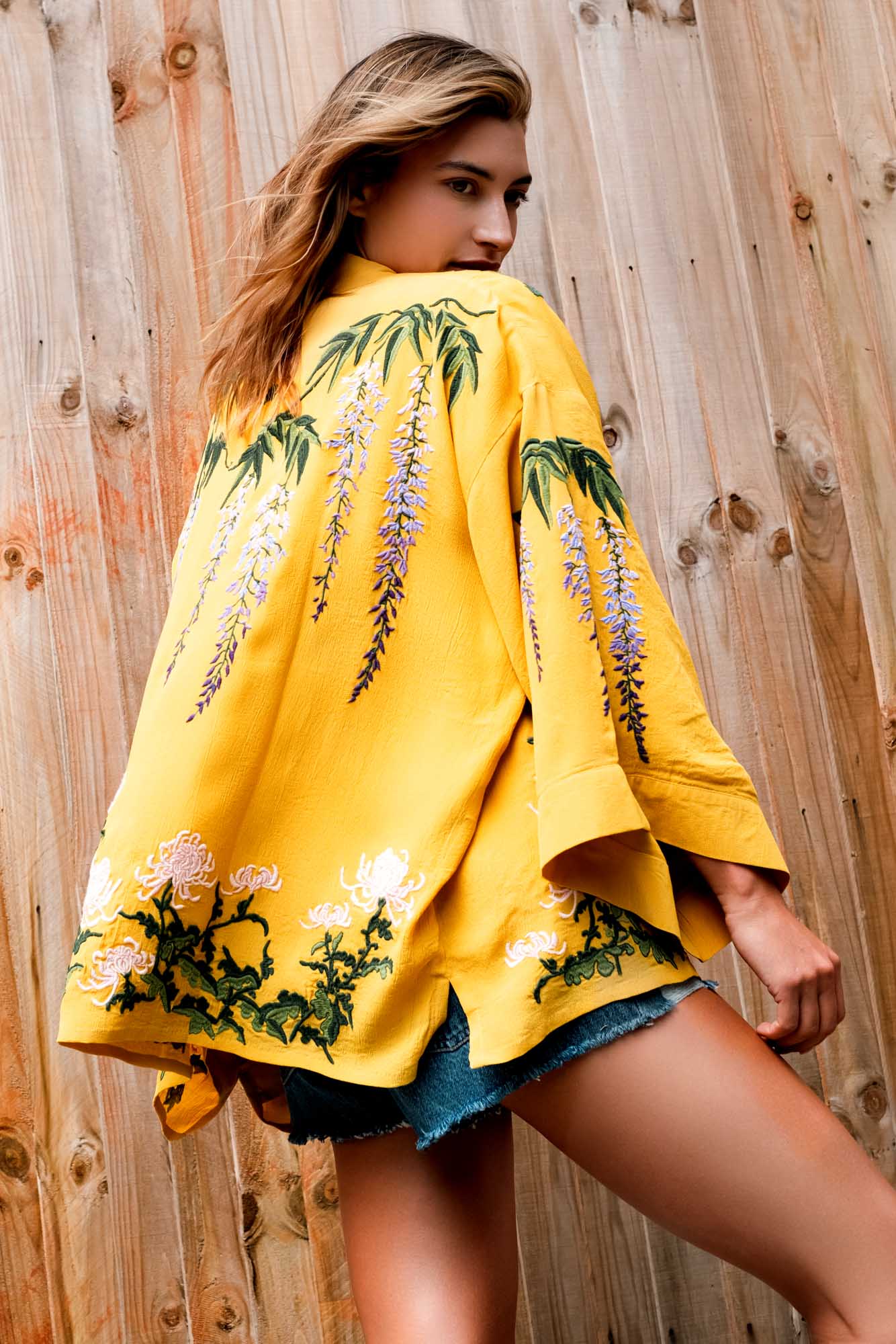 Wisteria & Chrysanthemum Embroidered Mustard Fully Lined Short Kimono