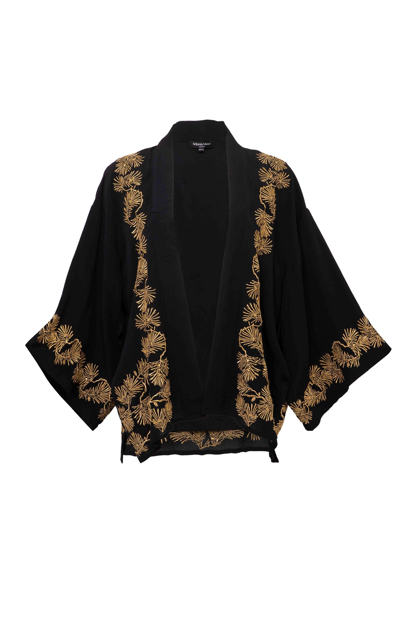 Japanese Pine Needle Embroidered Black and Gold Fully Lined Short Kimono