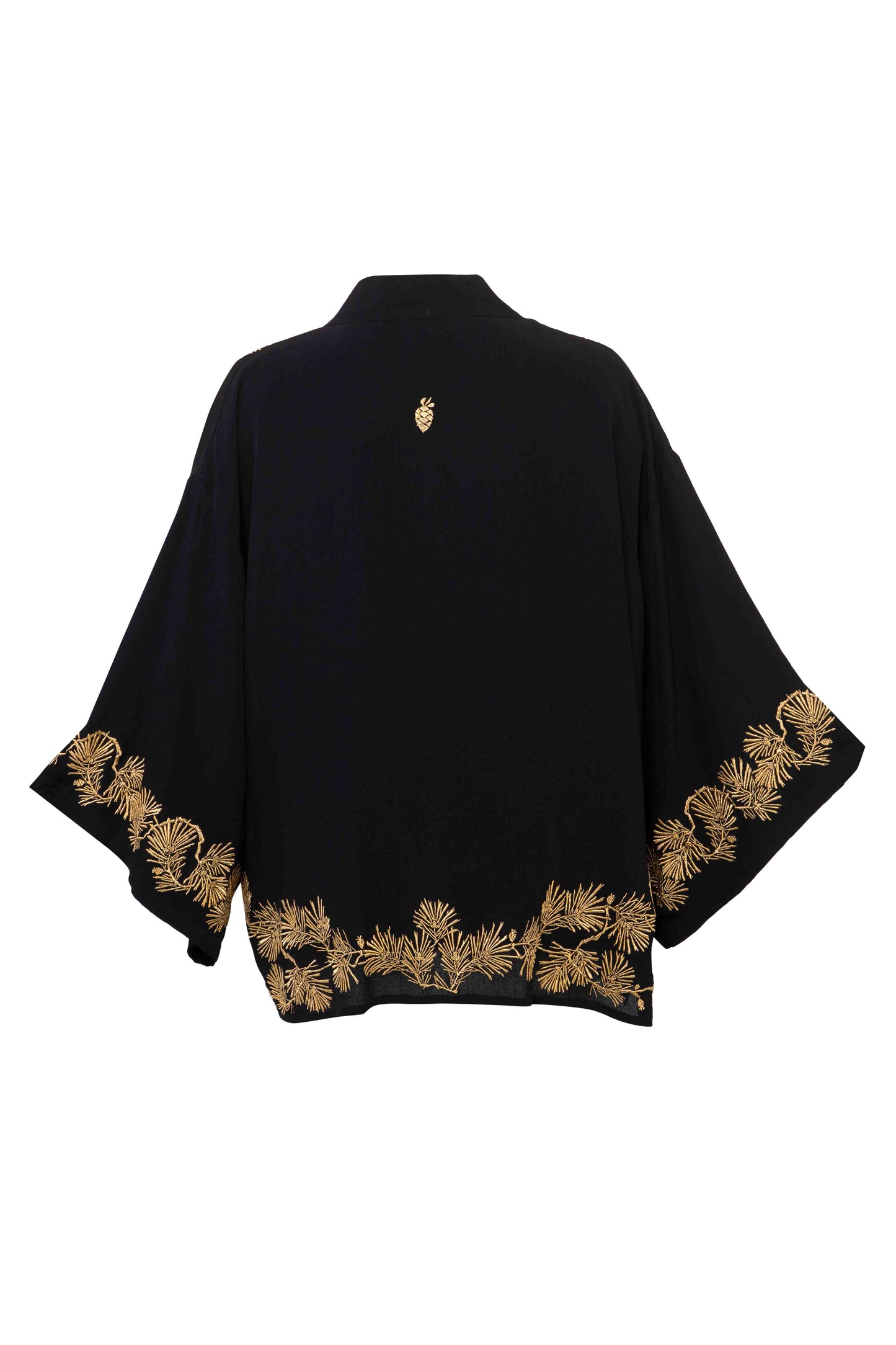 Japanese Pine Needle Embroidered Black and Gold Fully Lined Short Kimono