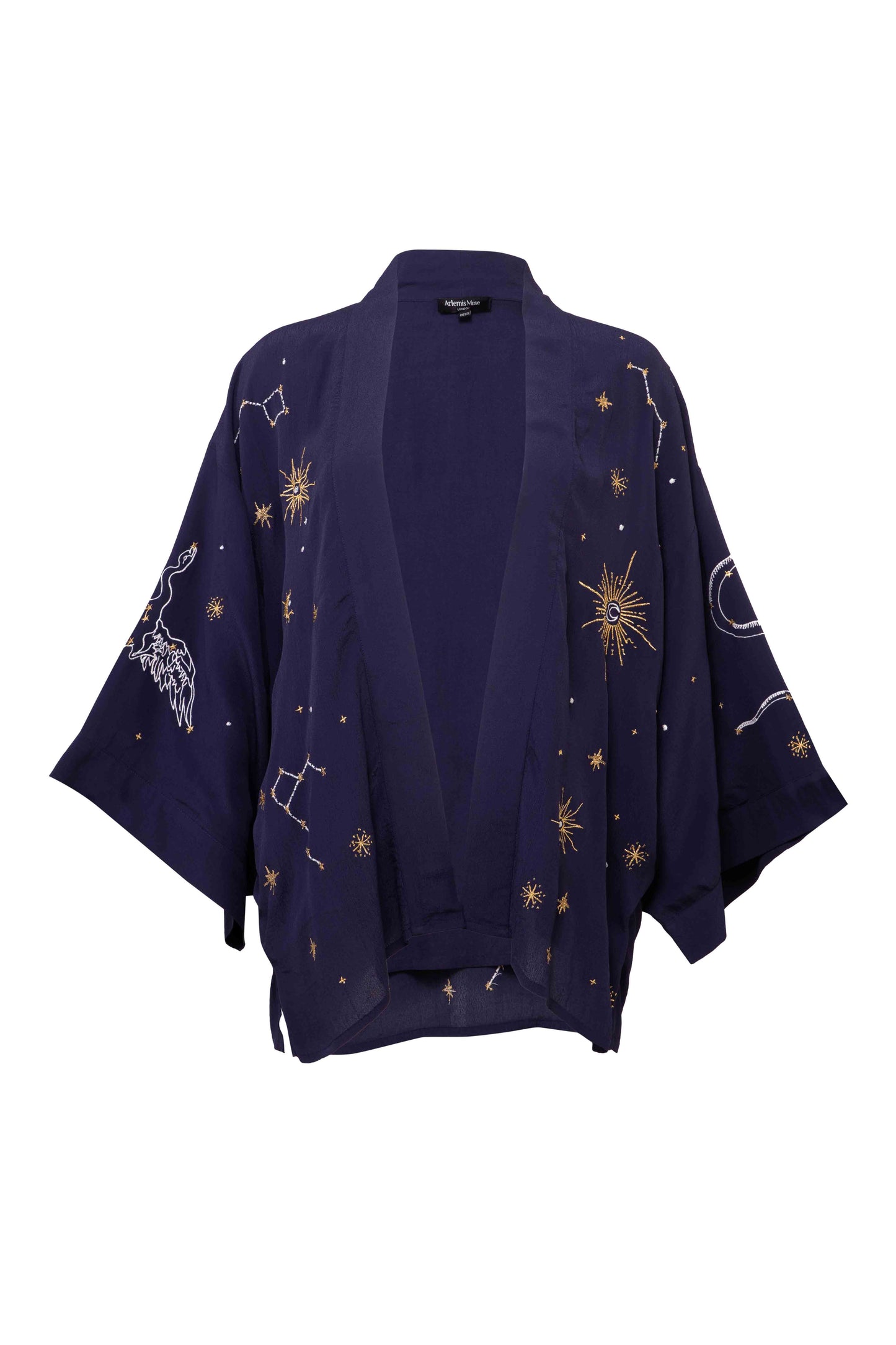 Cosmos Embroidered Navy, Ivory and Gold Fully Lined Short Kimono