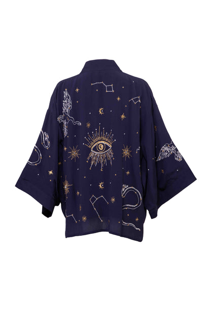 Cosmos Embroidered Navy, Ivory and Gold Fully Lined Short Kimono