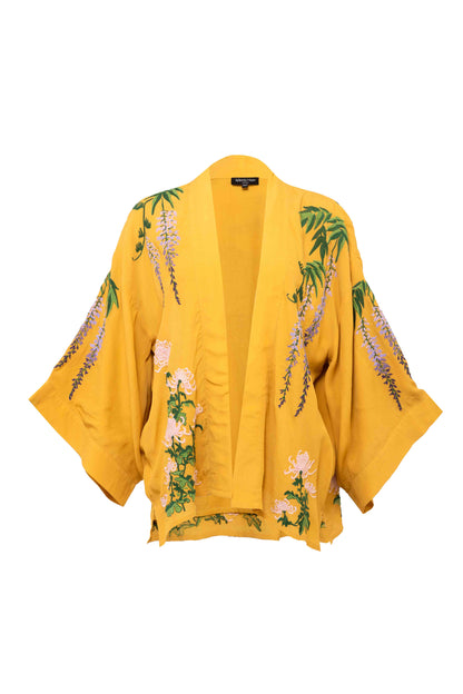 Wisteria & Chrysanthemum Embroidered Mustard Fully Lined Short Kimono