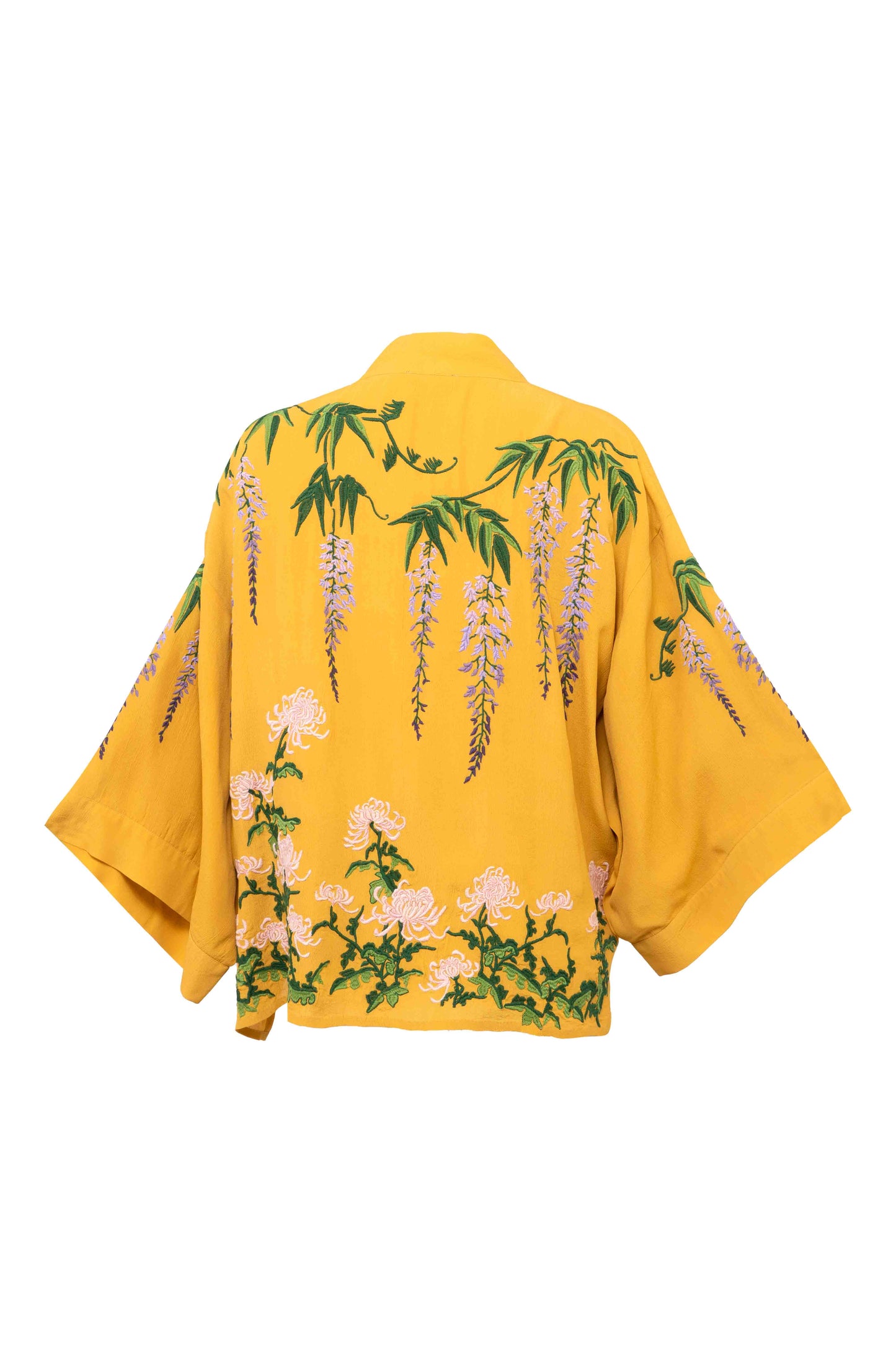 Wisteria & Chrysanthemum Embroidered Mustard Fully Lined Short Kimono